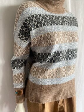 Hatley Camel Hair Wool Blend Geometric Mock Neck Sweater S Oversized